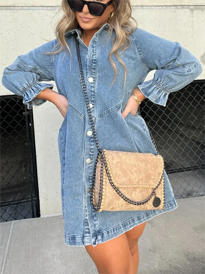 Ayla - Trendy Denim Jurk met Pofmouwen voor de Lente